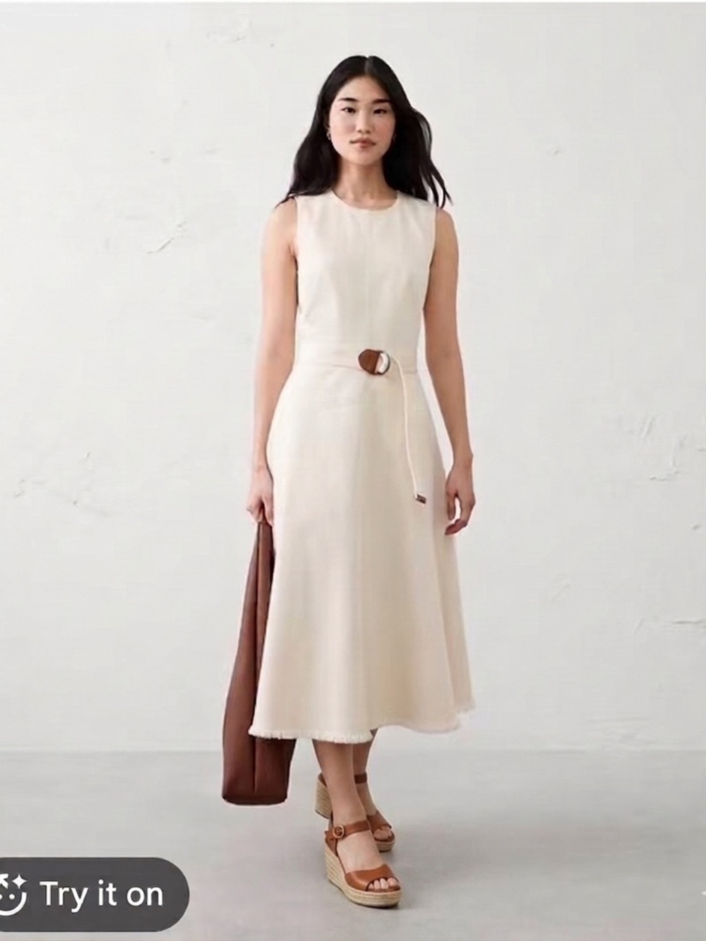 NWT Banana Republic Cream Sleeveless Belted Denim Midi Dress in Ecru - size 8